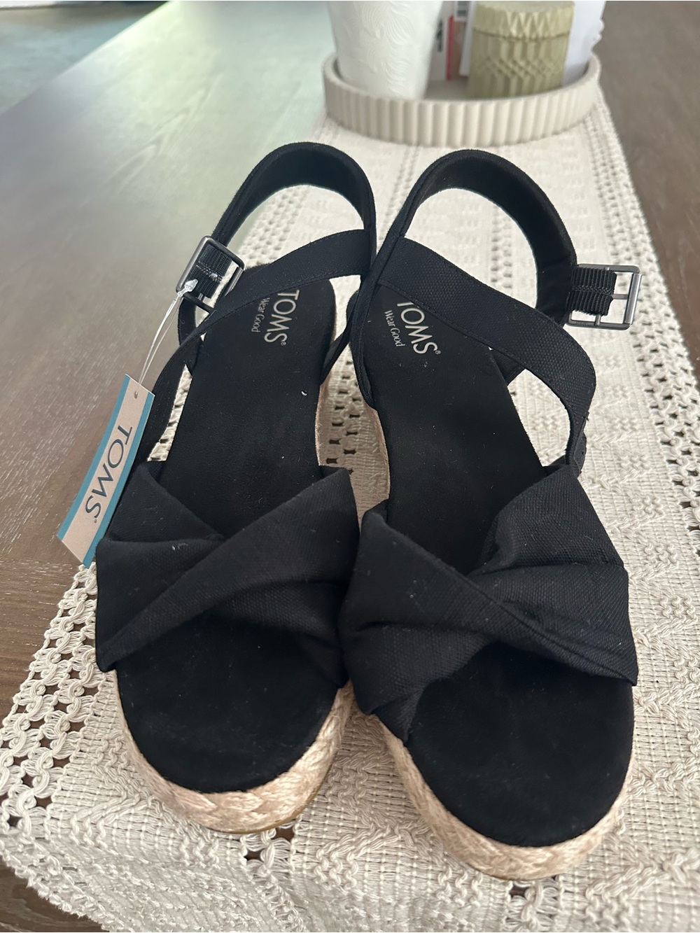 TOMS Black Knotted Espadrille Wedge Sandals with Ankle Strap